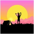 Spring travel. Silhouette of people, man and boy, mountains, hills and forest on the sun and sky background. Wanderlust and campin Royalty Free Stock Photo